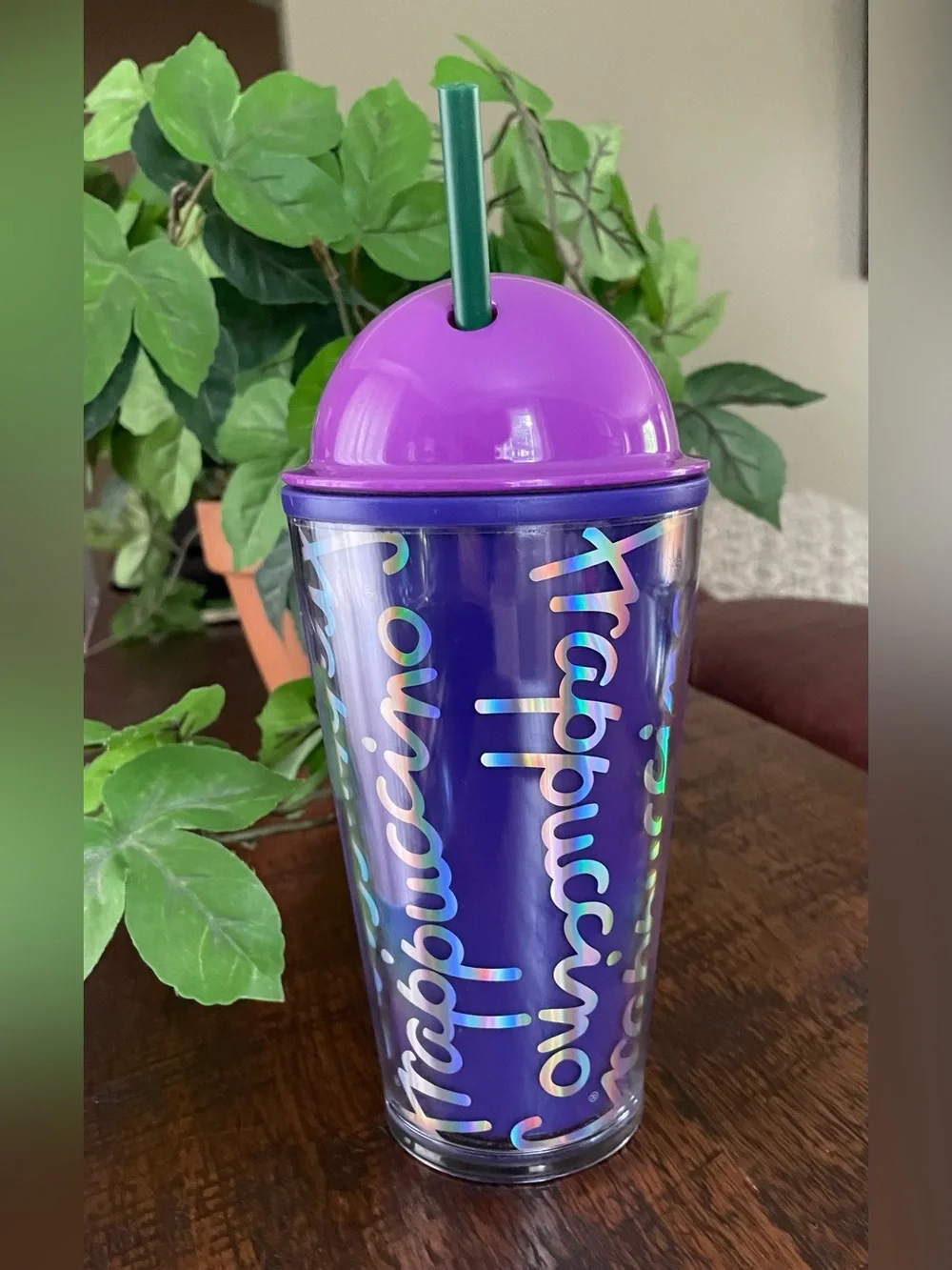 2014 Starbucks Frappuccino 16 oz Cold Cup Tumbler Purple with Holographics
